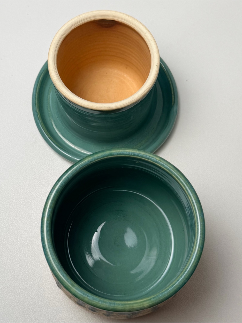 Handmade Studio Pottery French Butter Keeper Crock Drip Glaze Green Blue Tan Art - Picture 5 of 8